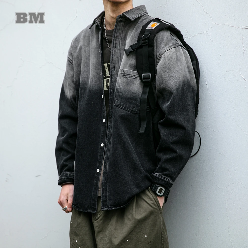 

Мужская джинсовая рубашка с эффектом потертости, Повседневная рубашка из денима с длинным рукавом, в стиле Харадзюку, Корейская уличная одежда