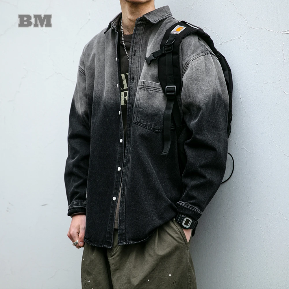 Korean fashion washed gradient denim shirt for men clothing Streetwear Harajuku casual coat Long sleeve