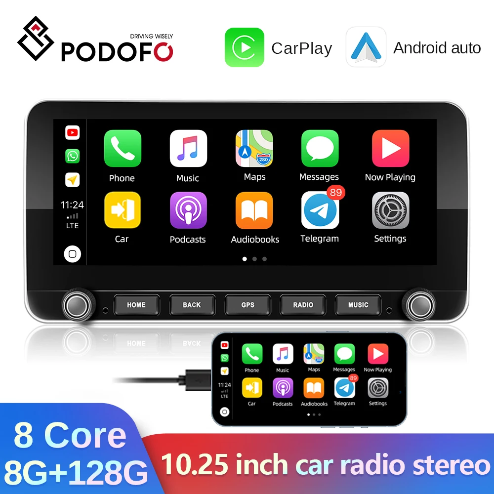 

Podofo 10.25 inch 8+128G Android10 Car Radio For Universal 4G WIFI AI Voice Multimedia Video Player Wireless Carplay Autoradio
