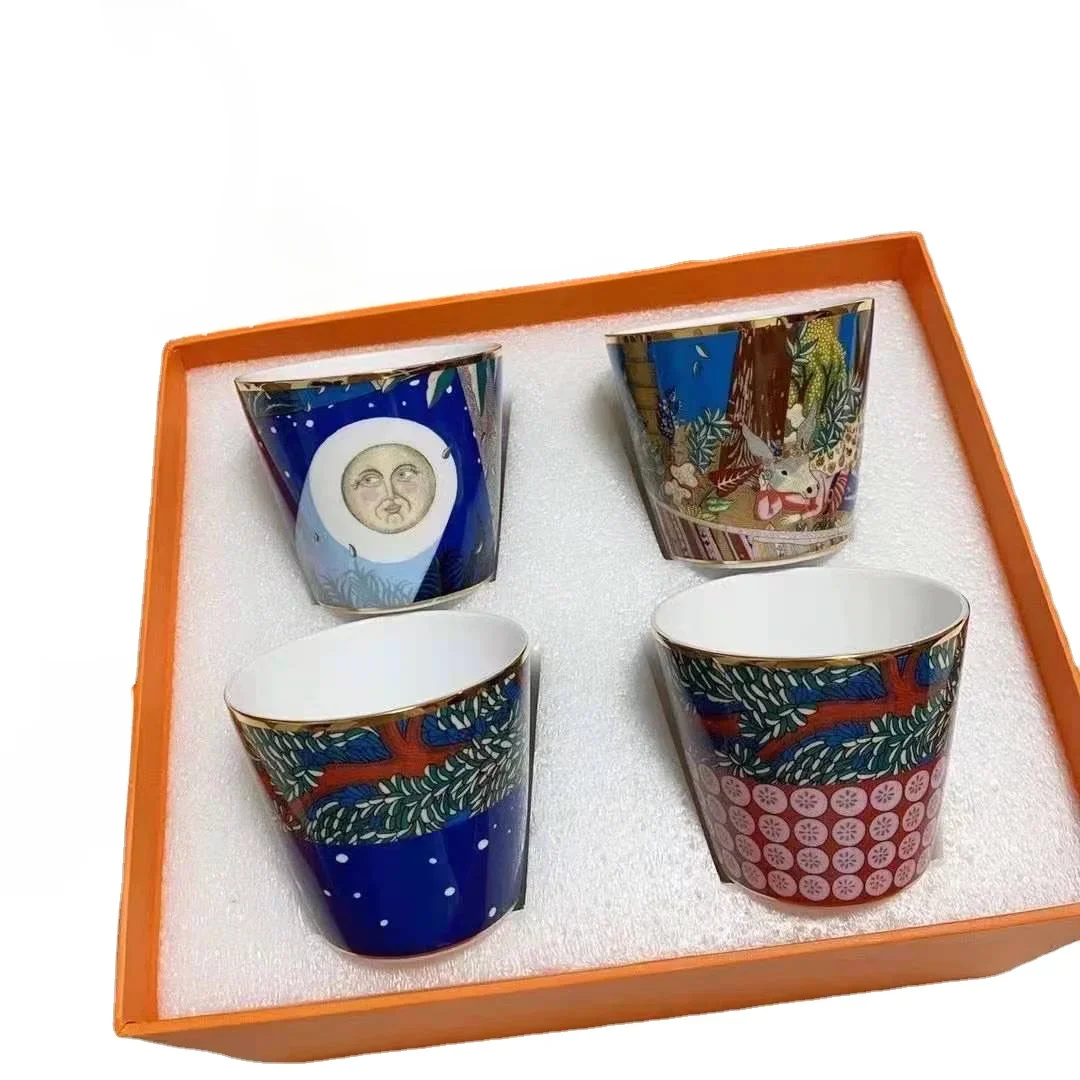 

4pcs/set Creative Coffee Cup with Spoon Luxury Dessert Bone China High Tea Cups Set Couple Gift Ceramic night sky