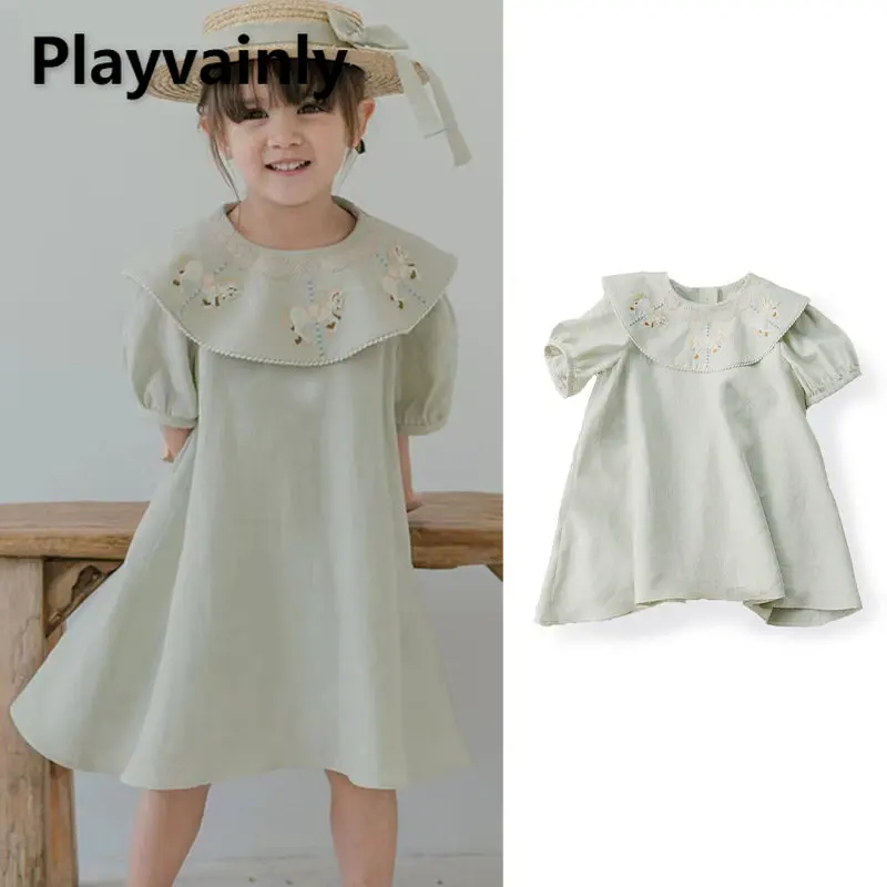 New Summer Baby Girl Dress Mint Green Embroidered Large Lapel Short Sleeve Dress Fashion Infant