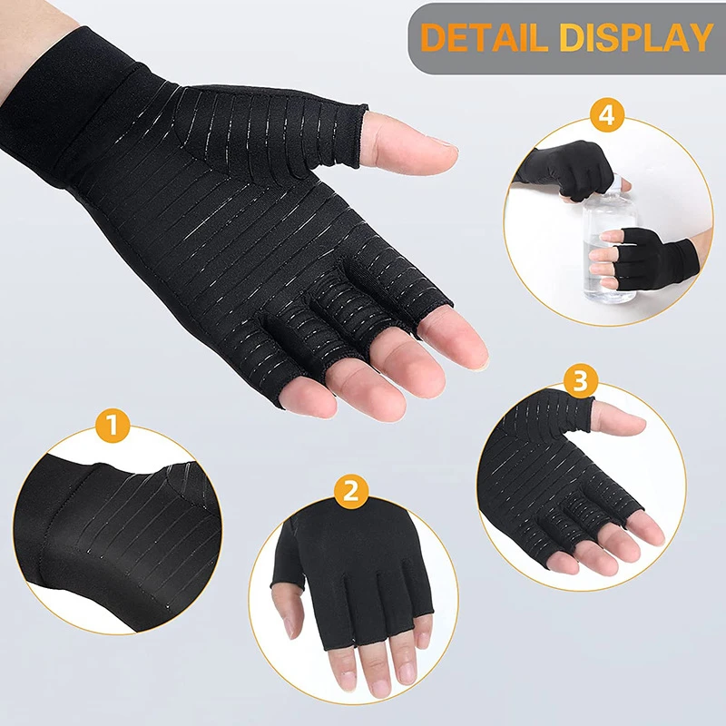 

New Compression Gloves Hand Copper Arthritis Gloves Joint Pain Relief Half Finger Anti-slip Therapy Gloves For Womens Mens 2024