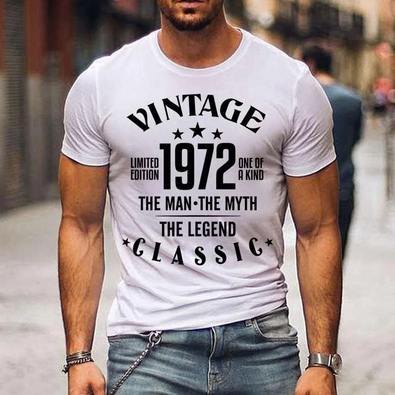 Фото Винтажные классические мужские футболки 1972 The Myth The Legend, летняя футболка, Женские повседневные топы с коротким рукавом и круглым вырезом №2
