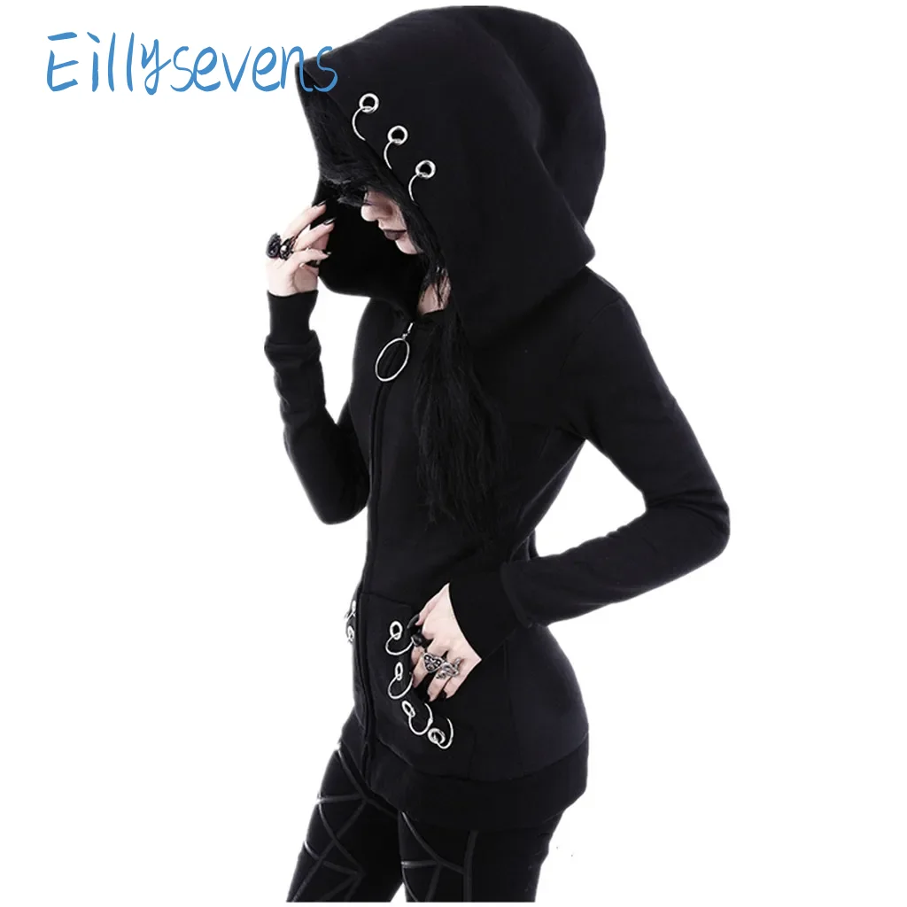 

Women Gothic Punk Jackets Causal Fashion Trend Long Sleeve Hooded Jackets Solid Black Zipper Fitting Coat With Iron Rings