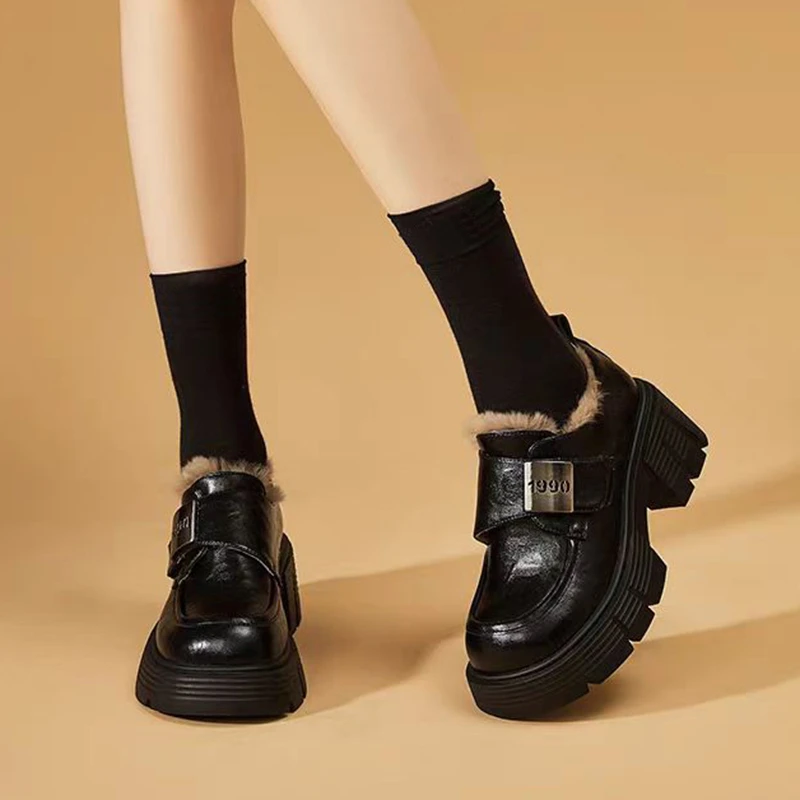 Aphixta Brown Long Plush Warm Ankle Boots Furry Buckle Fashion Women Boots Slip On Black Winter Shoes botas mujer botines