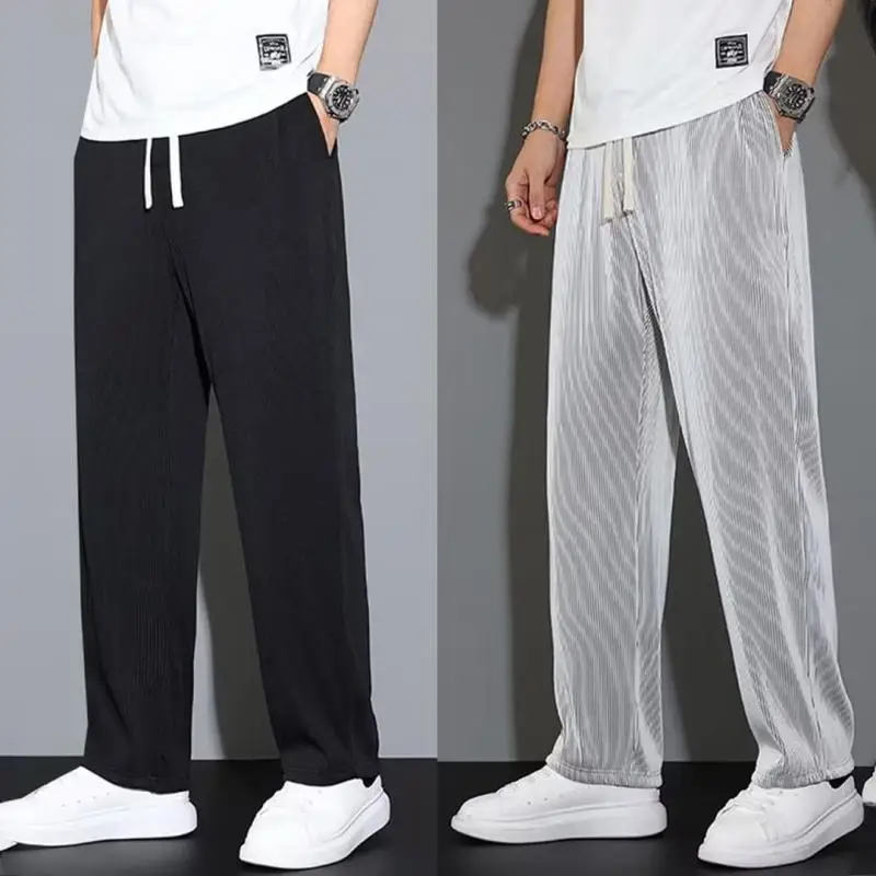 

Men Pants Mid-Rise Elastic Waistband Sweatpants Drawstring Pocket Wide Leg Ribbed Ultra-Thin Ice Silk Casual Trousers Streetwear