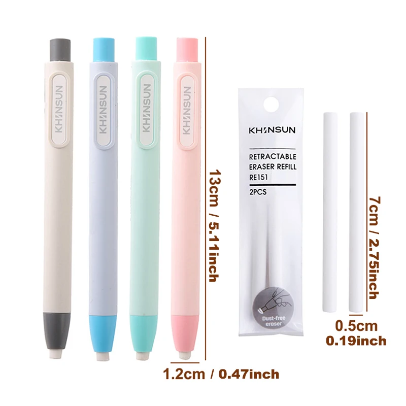 KHINSUN Retractable Press Pencil Eraser Artist Drawing Sketch Rubber for Kids School Student Eraser Pen With Refill 6
