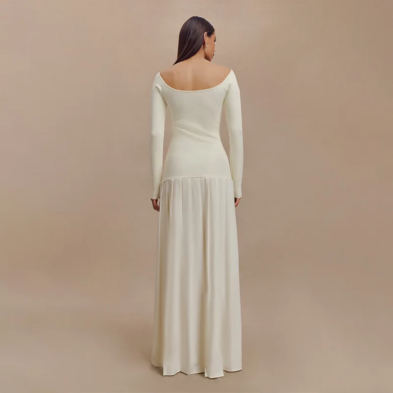 Off-Shoulder Fashion Patchwork Maxi Dress Women's Solid Elegant Commute Autumn Dress Female Backless Long Dress New
