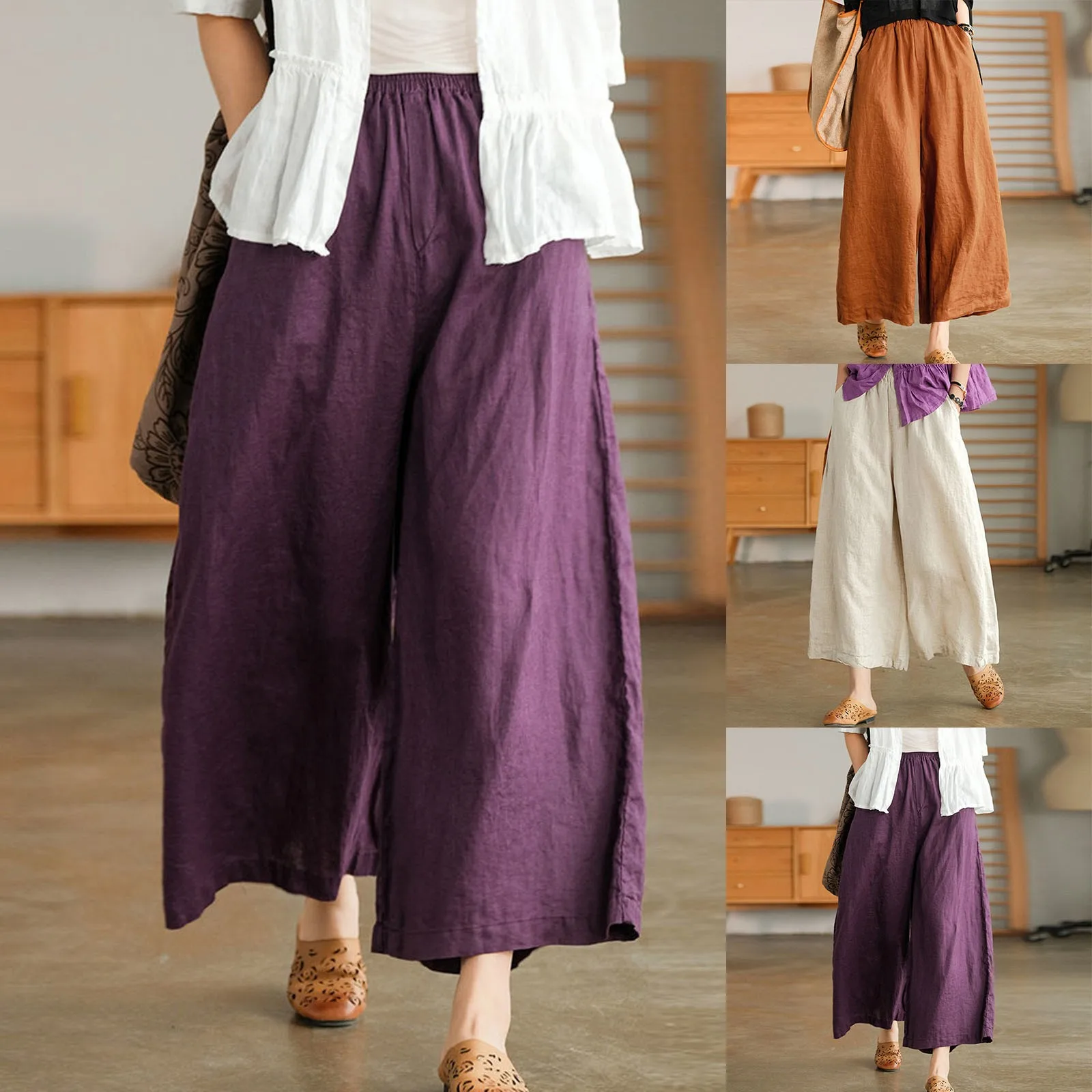 

2024 Cotton Linen Home Wear Loose Pants for Women Summer Casual Baggy Wide Leg Trousers Purple Soft Capri Pants Women's Joggers