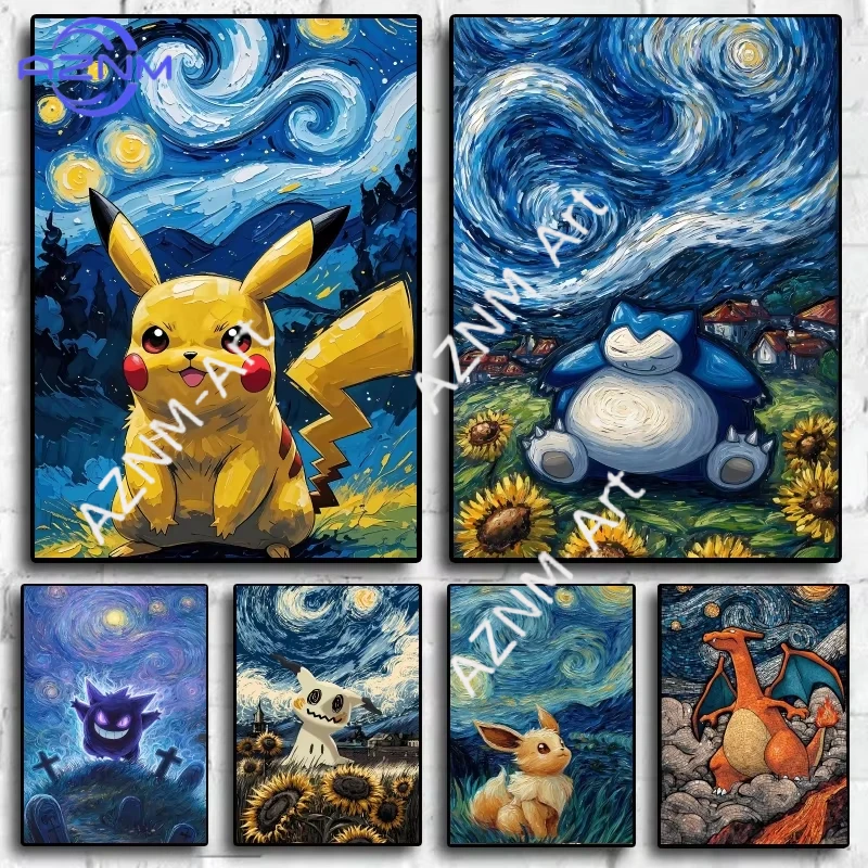 1 Stück Pikachu Snorlax Van Gogh-Themenkunst-Dekorationsgemälde mit sanften Farben und niedlichen Charakteren. Es bringt Farben in den Raum.
