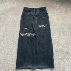 Streetwear JNCO Jeans Hip Hop Embroidered Retro Black Baggy Jeans Pants Mens New Punk Harajuku Gothic High Waist Wide Trousers