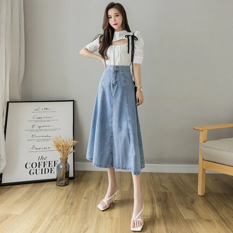 

S-2XL Womens Mid-calf A-line Skirts Spring Autumn Female High Waist Solid Regulai Fit Denim Hip Sexy Ladies Clothes Hw55