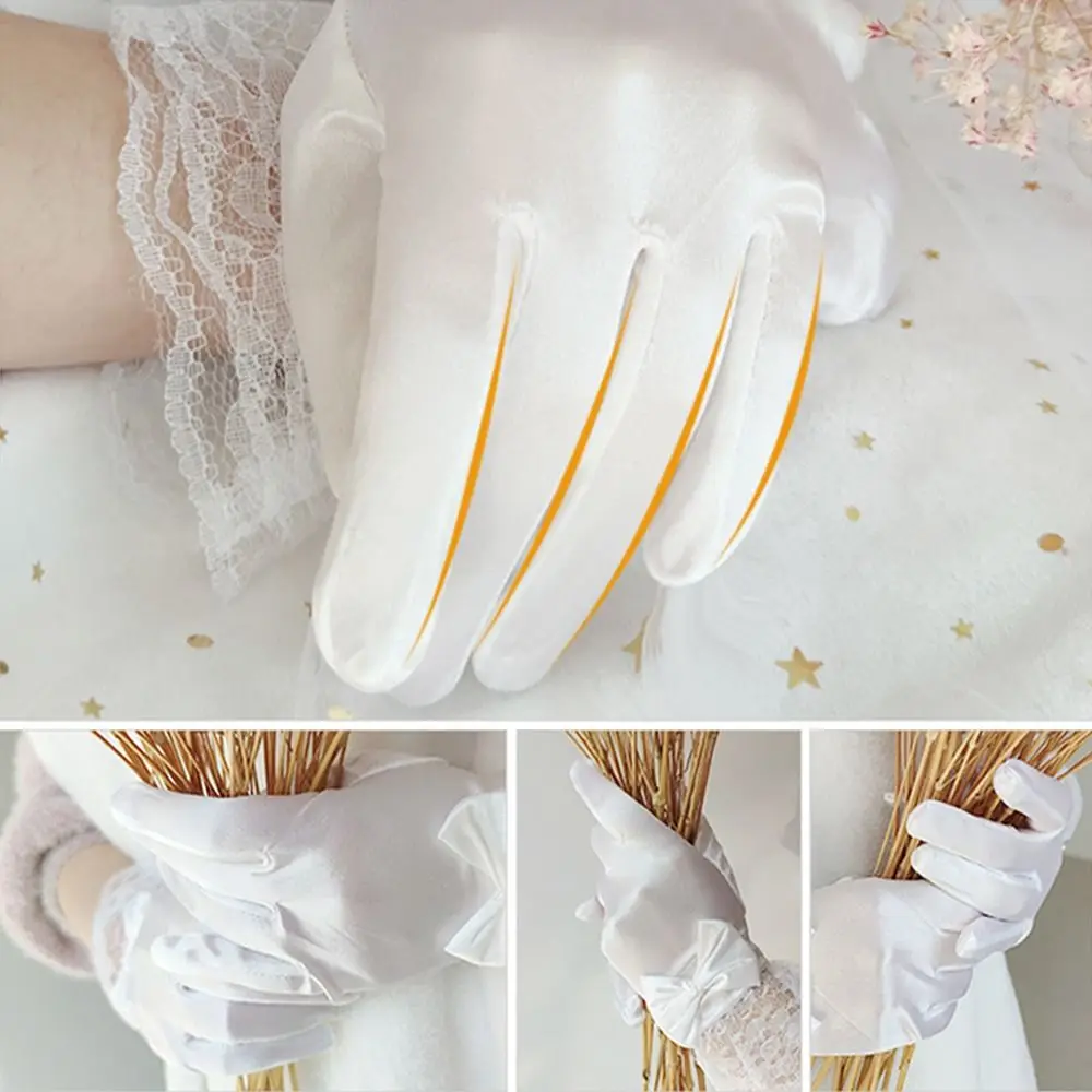 Elegant White Children's Wedding Gloves Bow Knot Glossy Satin Etiquette Dress Gloves Elastic Short Dance Festival