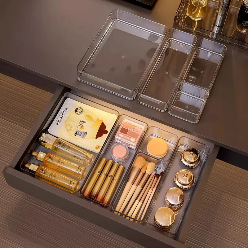 Clear Plastic Storage Box Vanity Drawer Makeup Jewelries Organizer Stackable Kitchen Bathroom Desktop Accessories Storage Tray 4