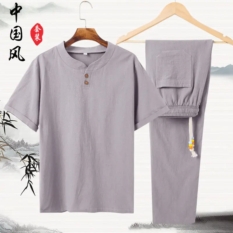 Linen Cotton T-shirt Men's Set Chinese Style Short Sleeve Sportswear +trousers 2 Piece Sets Summer Men Tracksuit Solid Suit