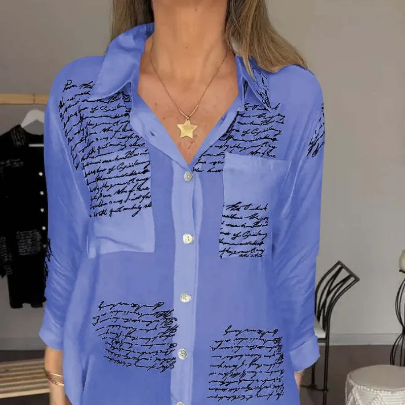 Women's Summer New Splicing Turndown Collar Button Letter Simple and Elegant Fashion Print Loose and Sexy Swallow Tail Shirt