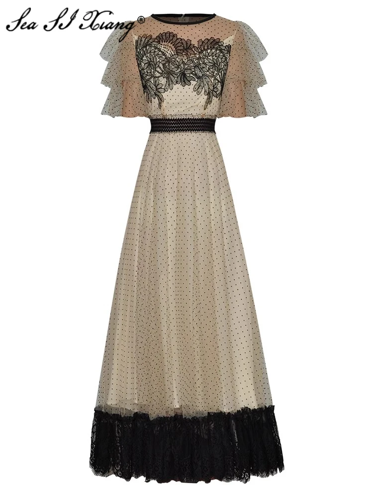 

Seasixiang Fashion Designer Summer Dot Mesh Dress Women O-Neck Butterfly Sleeve Embroidery Vintage Party Long Dresses