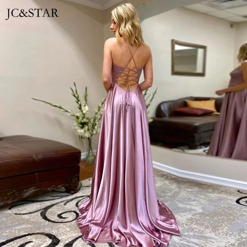 Dusty Pink Champagne Satin Maid of Honor Dress Sexy V-neck Spaghetti Strap Backless Vestido De Gala High Slit Simple Prom Robe