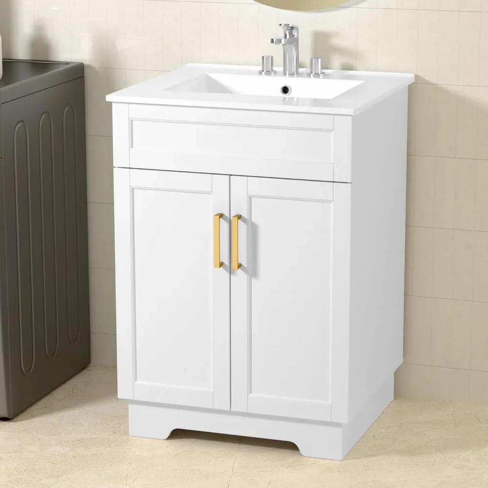 Bathroom Vanity with Ceramic Sink, Bathroom Vanity Cabinet with 2 Doors, 24 Inches Wooden Bathroom Sink Cabinet 3