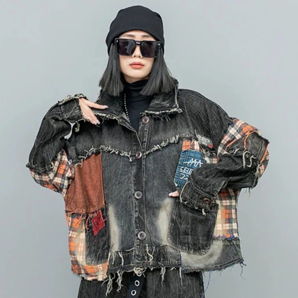 

2024 Spring Autumn New Worn Denim Patchwork Plaid Lapel Long Sleeved Jacket Women LX1073