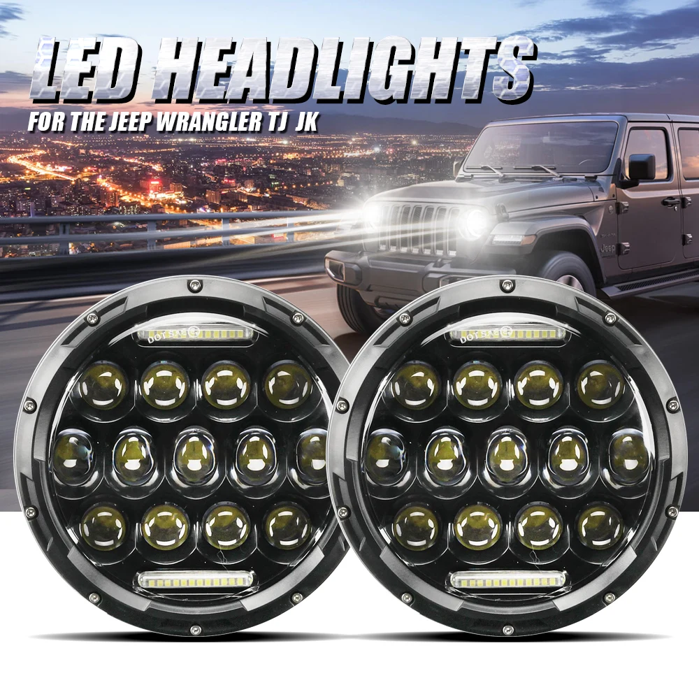 2x 7inch 75W Round Lens H4 H13 LED Headlights Jeep Wrangler JK & Fit Harley DOT 