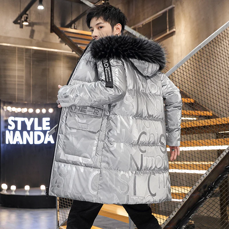 Cotton-Padded Coat Winter Men's Fashionable  Mid-Length Thickened Jacket Brand Glossy Stamp waterproof  Letter Fur collar
