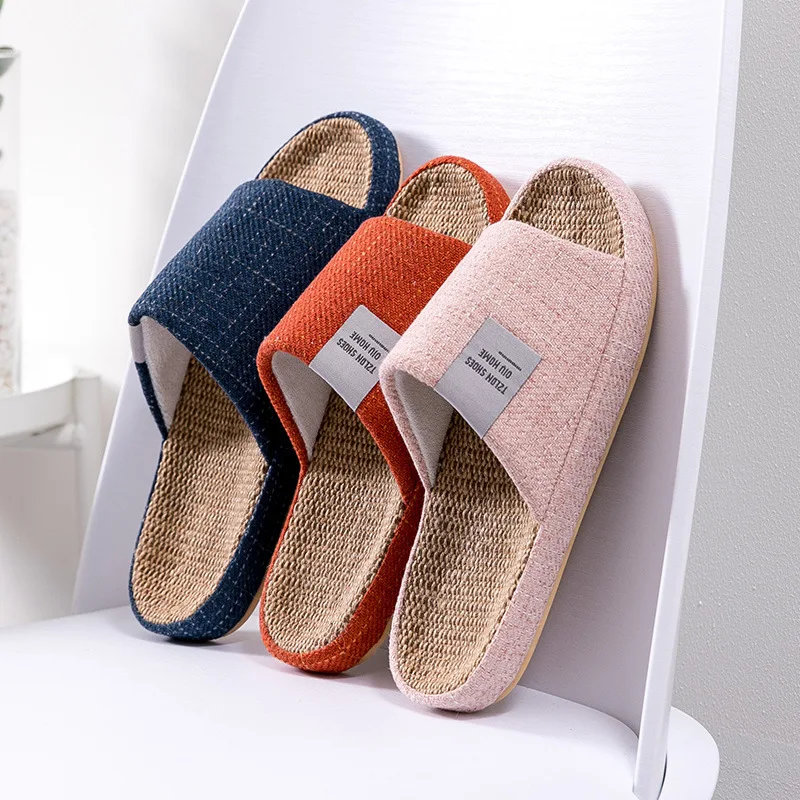 New Women Men Summer Home Slippers Indoor Casual Flax Slides Belt Linen  Slippers Ladies Flip Flops Sandals Bedroom Shoes