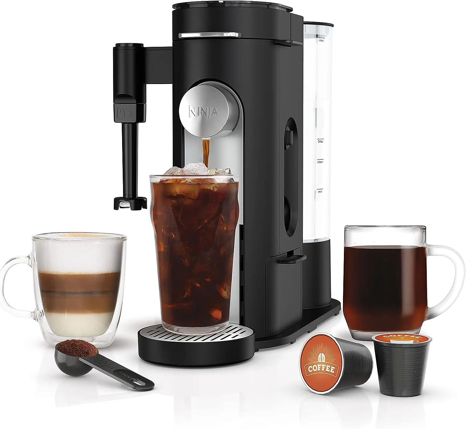 

PB051 Pods & Grounds Specialty Single-Serve Coffee Maker, K Pod Compatible, Built-In Milk Frother, Cup Travel Mug Sizes, Bla
