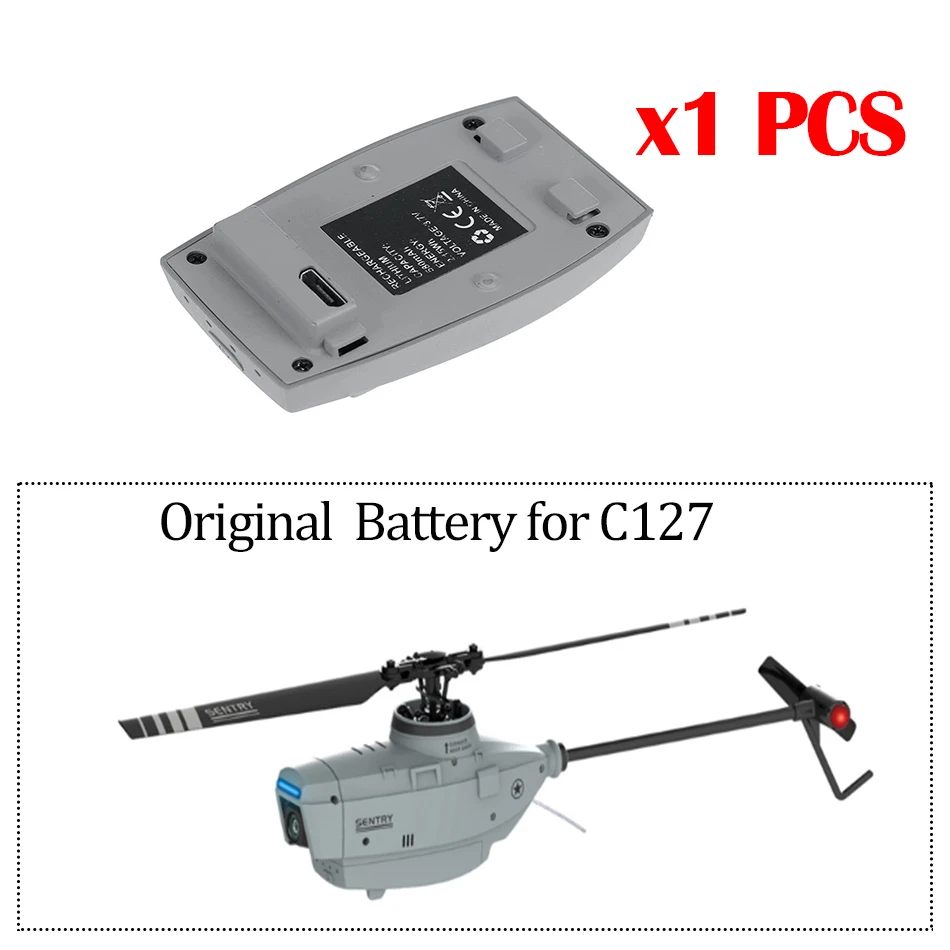 Batterie de rechange pour hélicoptère RC C127, vue arrière avec étiquette indiquant 3.7V 580mAh.