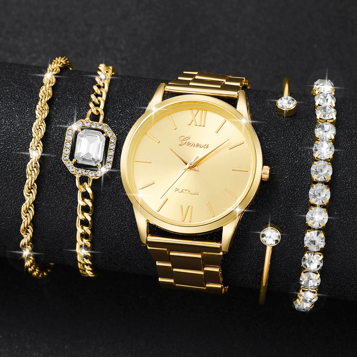 5PCs/Set Women's Luxury Watch Trend Simple Elegant Quartz Analog Watch Inlaid With Diamond Bracelet(Box not included)