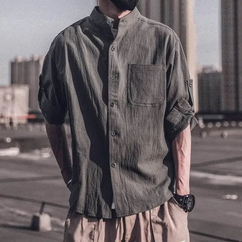 חולצה לגברים עם כיס רגיל פשתן חולצות גברים בגדים באיכות גבוהה מעצב יוקרתי מזדמנים יפנית רגיל הבציר שרוולים