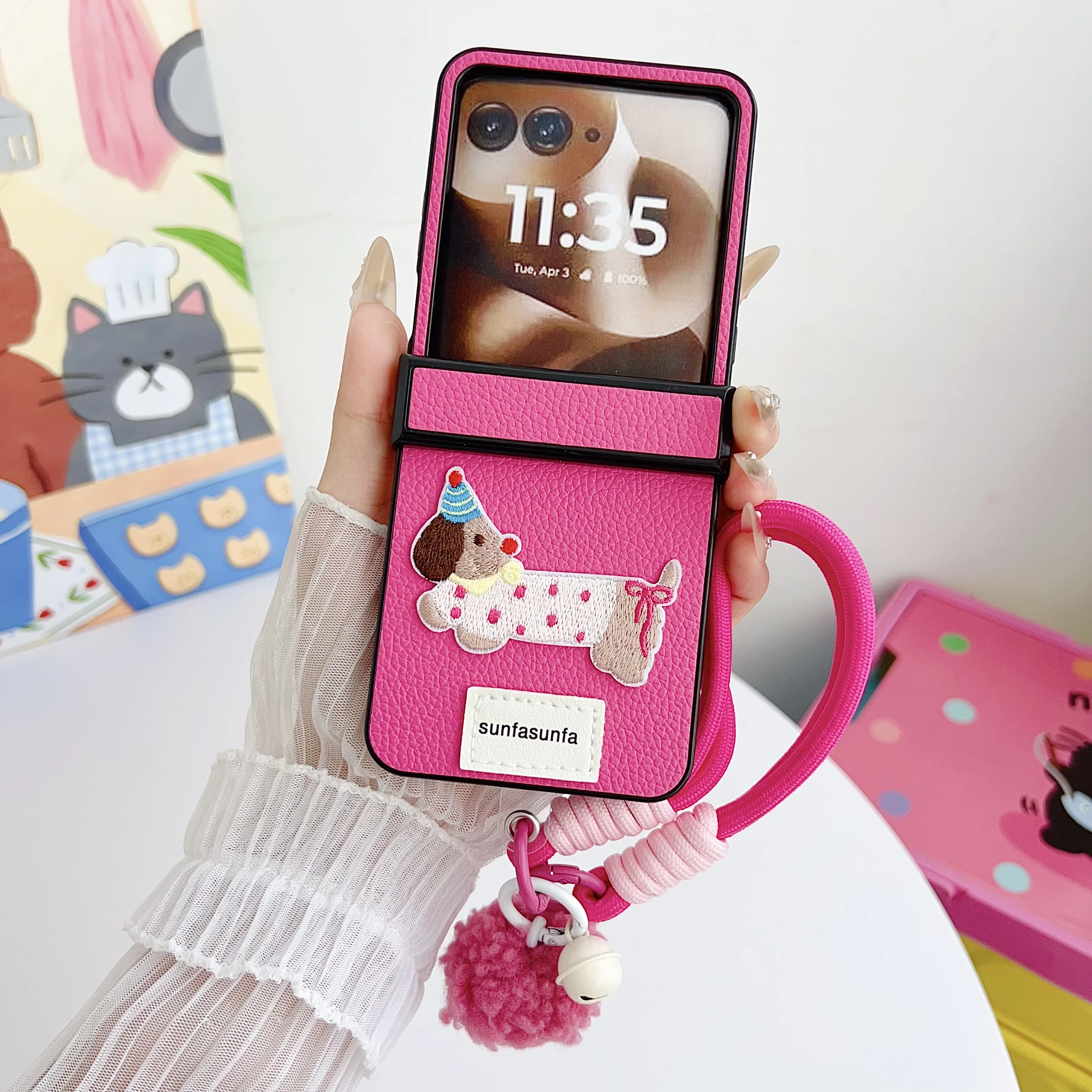 Cartoon Sausage Dog PU Leather Phone Case with Wrist Strap and Hinge Protection