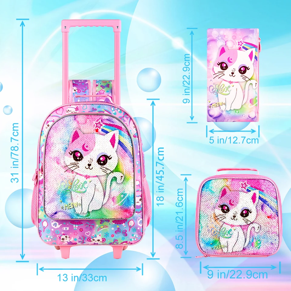 CCJPX Zaino Con Ruote Per Bambina 45 Cm - Gatto Rosa Con Paillettes Reversibili, Borsa Portapranzo Inclusa E Ciondolo - Per Scuola Elementare - 3