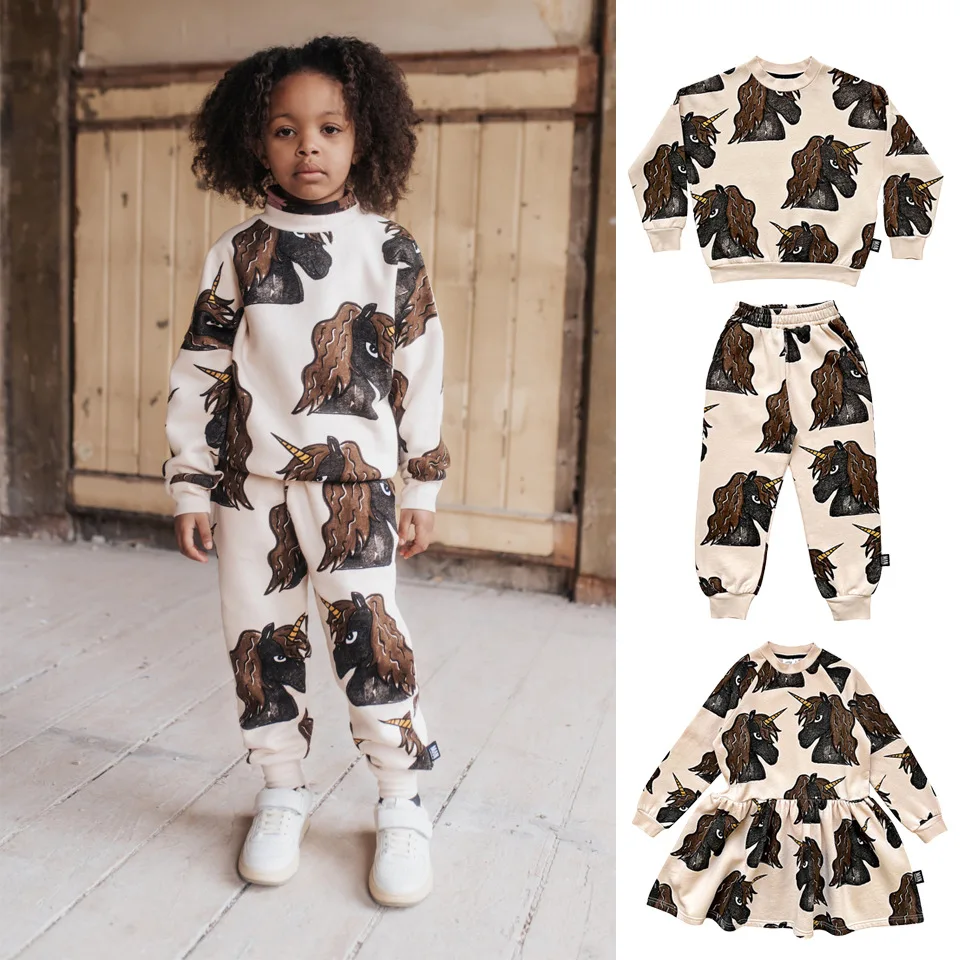 

New LMH Girl Casual Dress Kids Hoodies And Pants Suit Children Black Unicorn Clothes Set Newborn Cotton Hooded Sweater 1-13Years