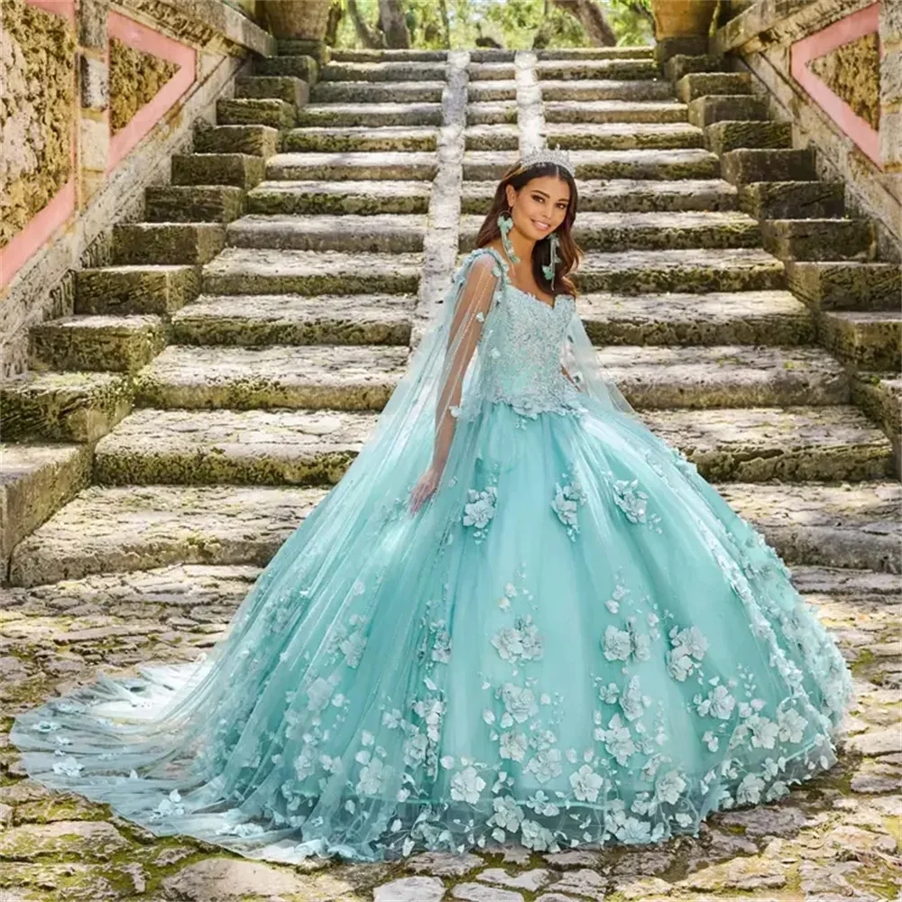 Mint Green Charro Quinceanera Dresses Ball Gown Spaghetti Straps Tulle Flowers Puffy Mexican Sweet 16 Dresses 15 Anos