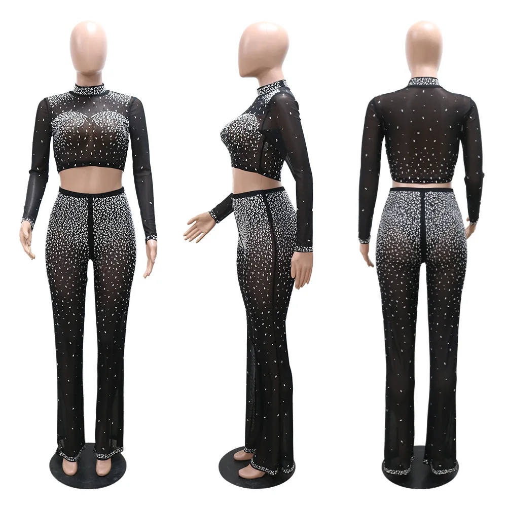 Mesh Sheer Hot Diamonds Slim 2 Piece Set Women Autumn O-neck Long Sleeve Crop Top High Waist Pants Sexy Club Party Female Outfit