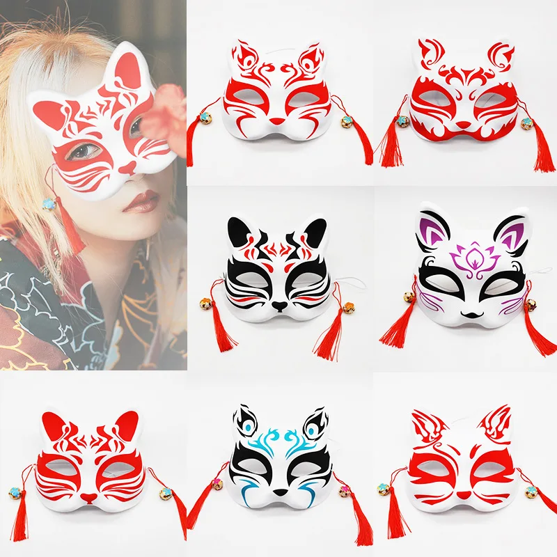 

Japanese Style Full Face Masks Fox Mask with Tassels Bell Non-toxic Cosplay Hand Painted Costumes Props Accessories