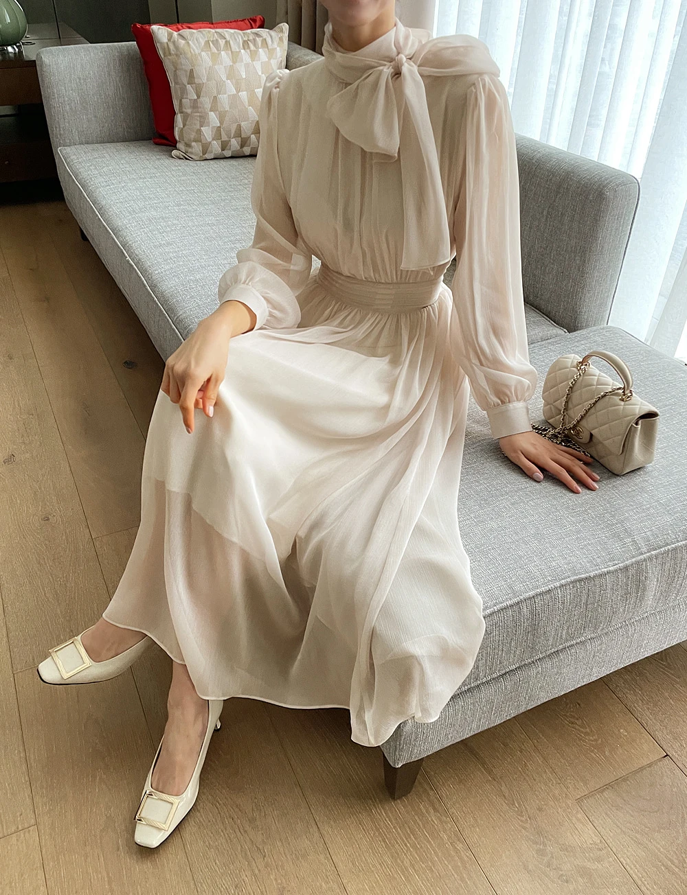 Elegant Midi Dresses for Women Long Sleeves Half High Collar Lace-up A-line Korean Fashion Autumn New One Piece Vestido Mujer