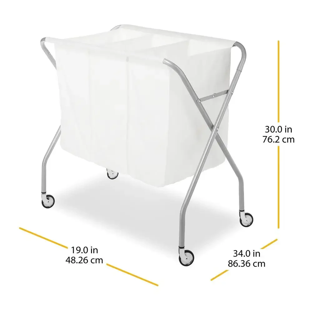 3-Section Heavy Duty Metal Laundry Sorter Organizer with Canvas Bag Adult Portable & Foldable Silver & White Easy Assembly
