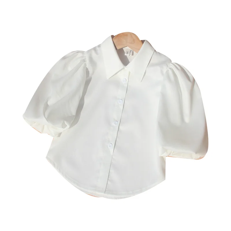 Korean Toddler Girl Puff Sleeve Top Chiffon Summer Children Nine Point Sleeves White Blouses Turn-down Collar Teen School Shirts