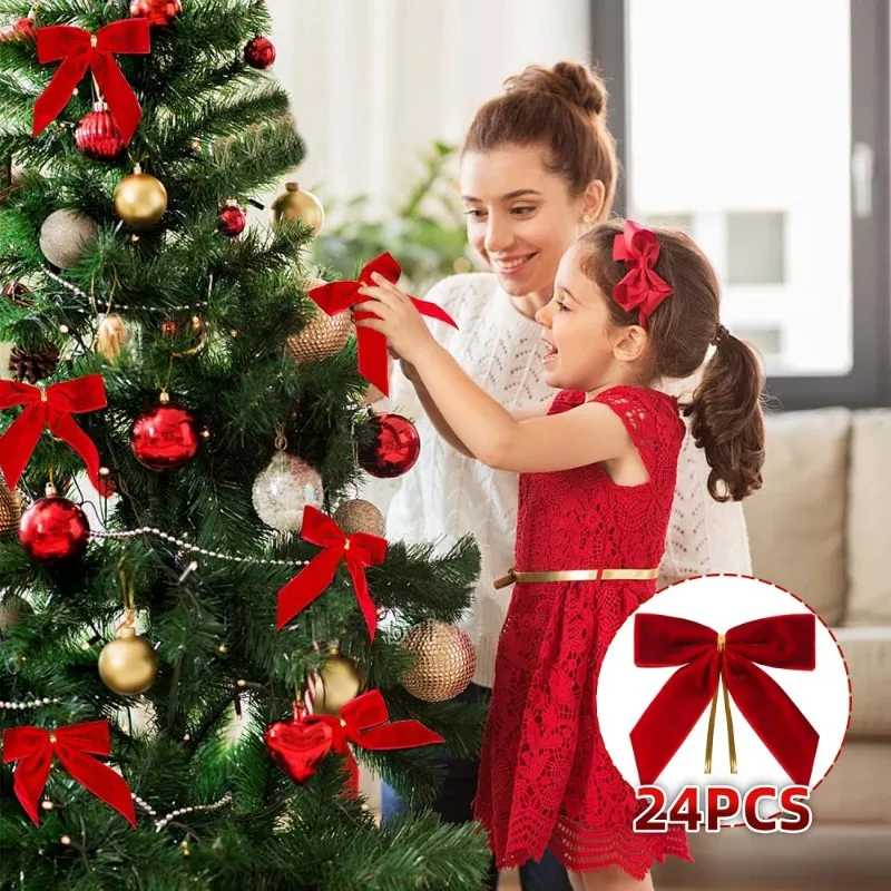 25pcs 2.5cm Velvet Bow Christmas Tree Decoration Pendant Christmas Day Atmosphere Decoration Prop