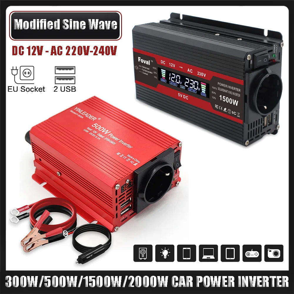 อินเวอร์เตอร์แปลงไฟ 300W-2000W จากไฟ DC 12V เป็นไฟ AC 220V-240V สำหรับรถยนต์ พร้อมเต้ารับแบบ EU ช่องเสียบ USB คู่ สำหรับชาร์จโทรศัพท์ ใช้ได้กับรถบ้านและกิจกรรมกลางแจ้ง ความถี่ 50Hz 1