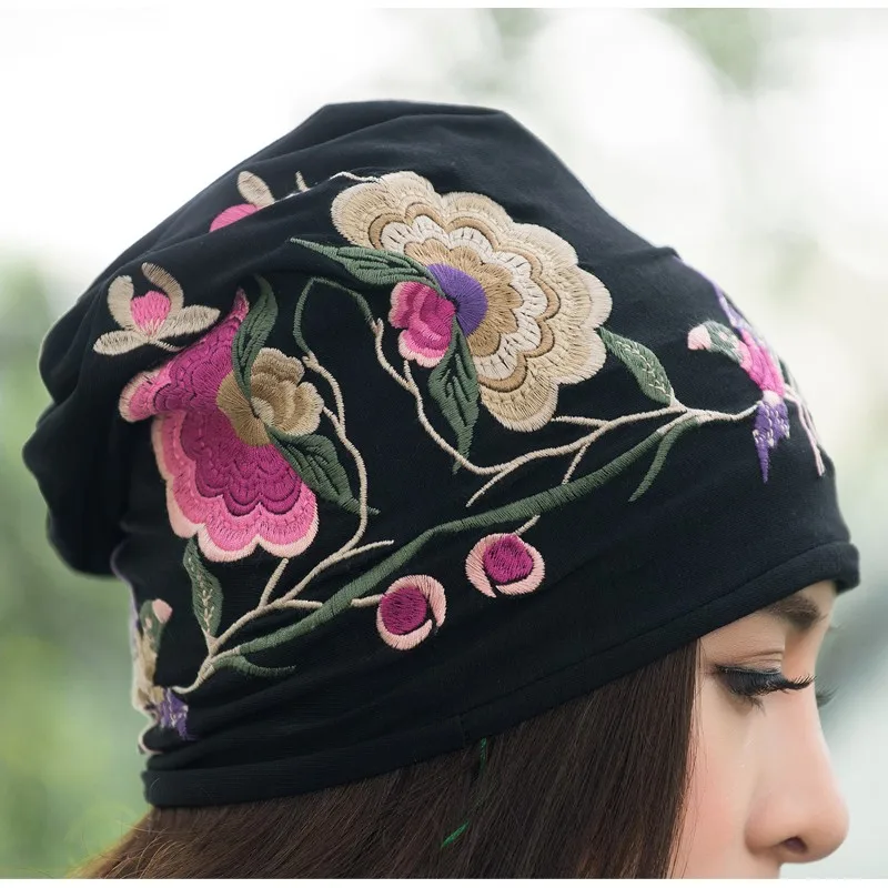 Cheshanf Cheap-clothes-china Women Autumn Winter Mexican sSyle Vintage Hippie Black Blue Flowers Embroidery Hat Skullies Beanies