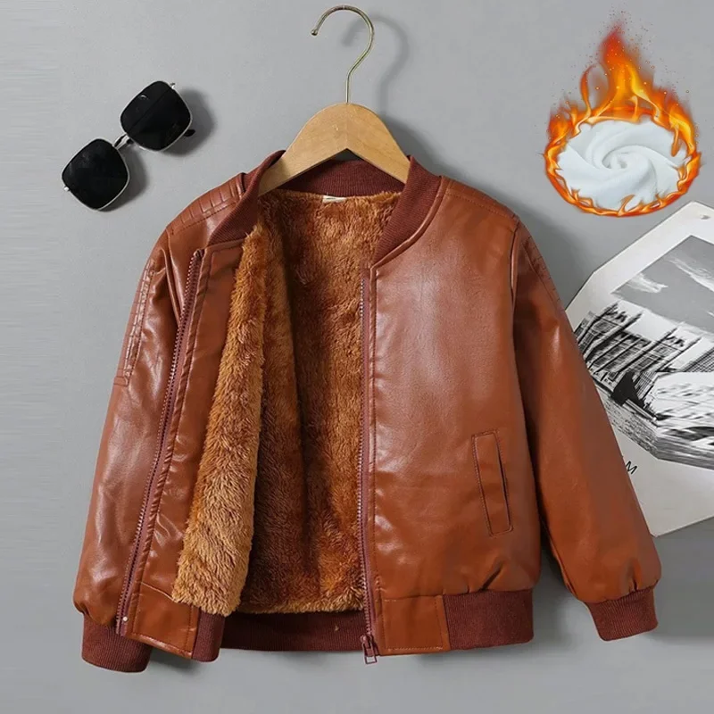 الأولاد زائد المخملية سميكة سترات من الجلد الاطفال الفتيات الخريف الشتاء معطف ملابس عصرية للأطفال الدافئة بولي Leather الجلود ملابس خارجية 2-14Y