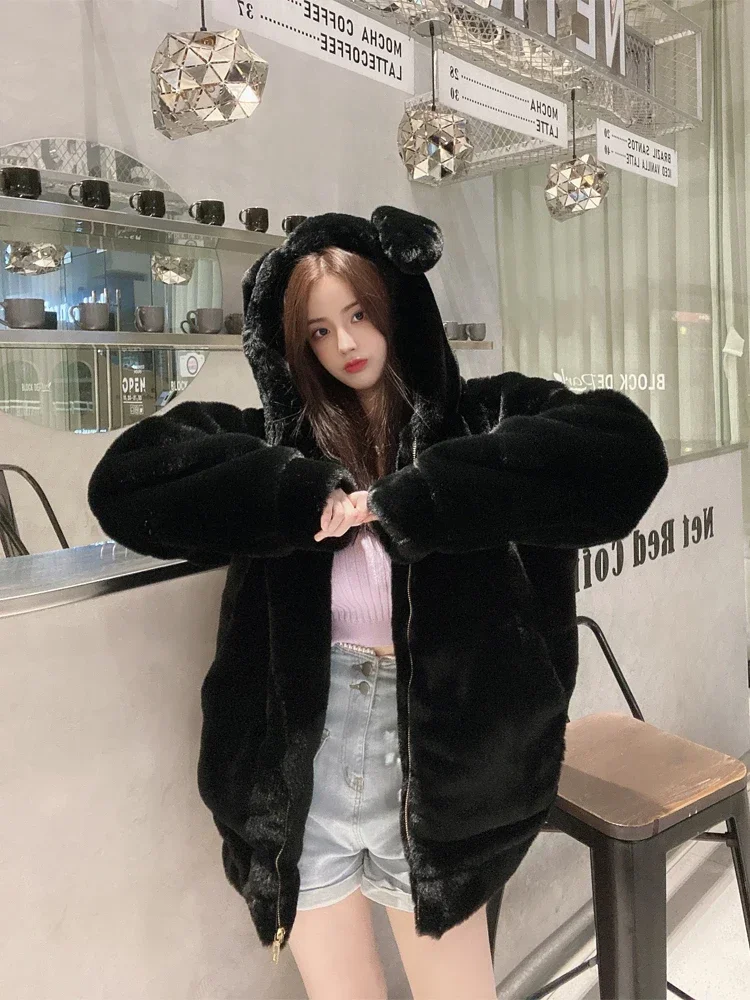 2023 Winter New Rabbit Fur Environmental Protection Fur Thickened Fleece Velvet Coat Female Cute Ears Hooded Mid-Length Coat