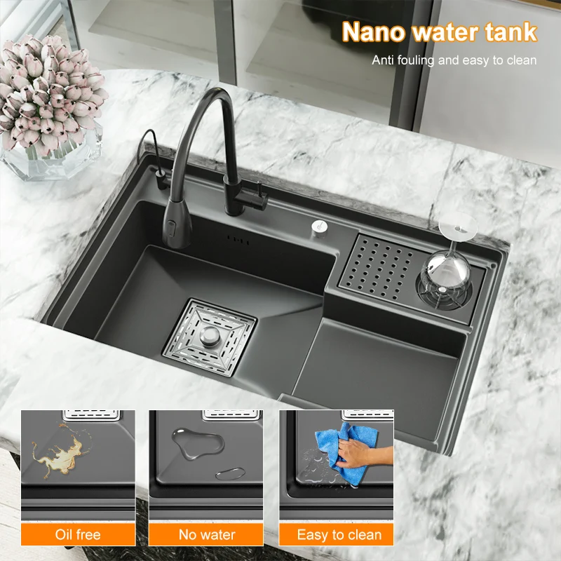 Black Kitchen Sink Large Single Slot Step Sink Stainless Steel Washbasin Cup Washer Under Counter Sink For Kitchen Coffee Shop
