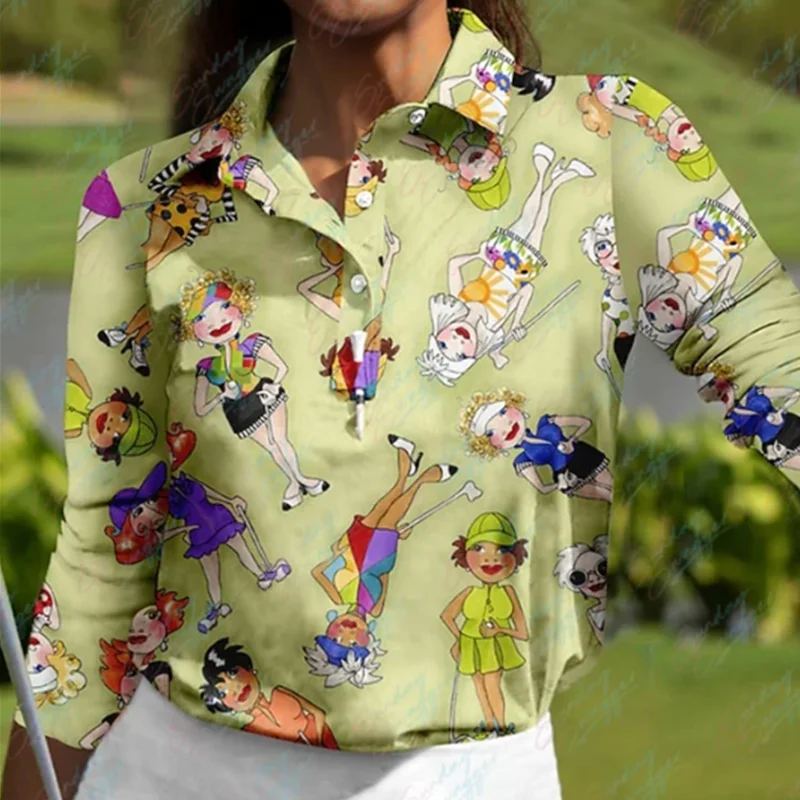 Golf Polo long-sleeved shirt women's breathable quick-drying sweat-absorbent cartoon print autumn and winter tennis golf top
