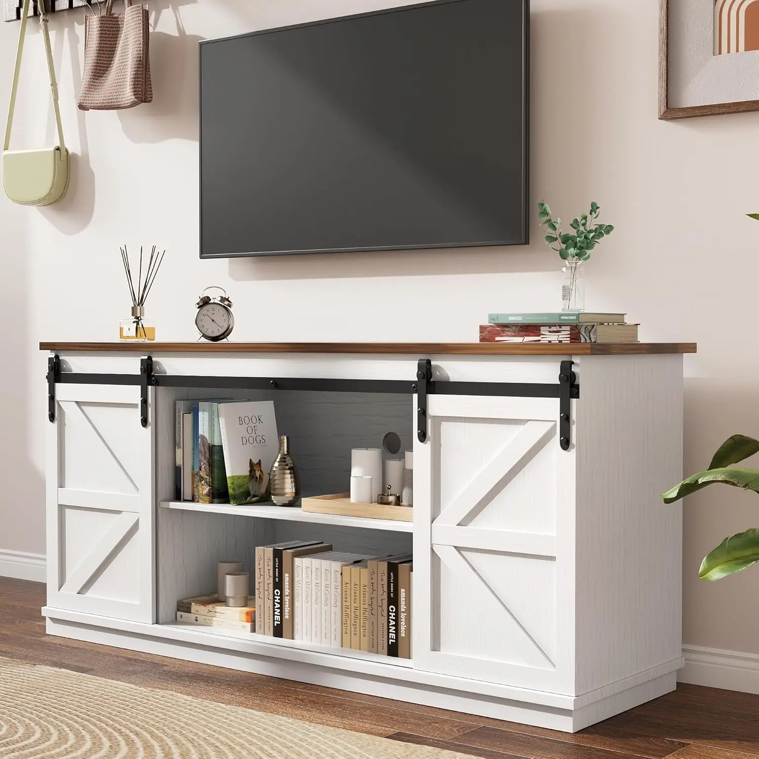 Farmhouse TV Stand for Televisions up to 65 Inches, Sliding Barn Doors and Storage Cabinets, Console Table and Media Furniture