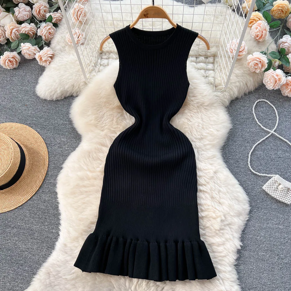 YuooMuoo Early Autumn Sexy Package Hips Ruffles Mini Dress Summer Fashion Y2K Knitted Bodycon Ladies Dress coreano Party Vestidos