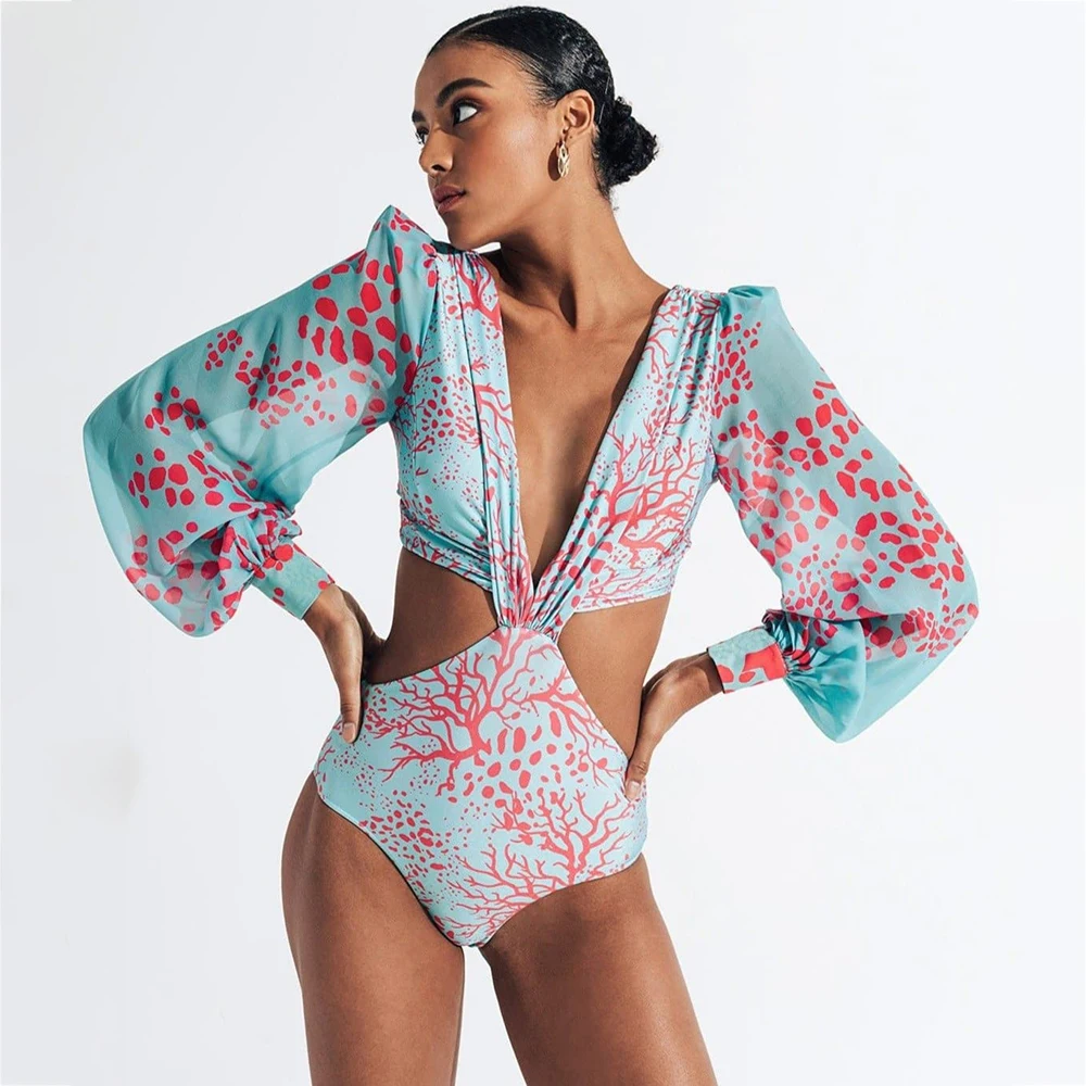 

Women's V Neck Print Cutout One Piece Swimsuits 2024 Sexy Bikini Set Long Sleeve Swimwear Monokini Luxury Bathing Suit Beachwear